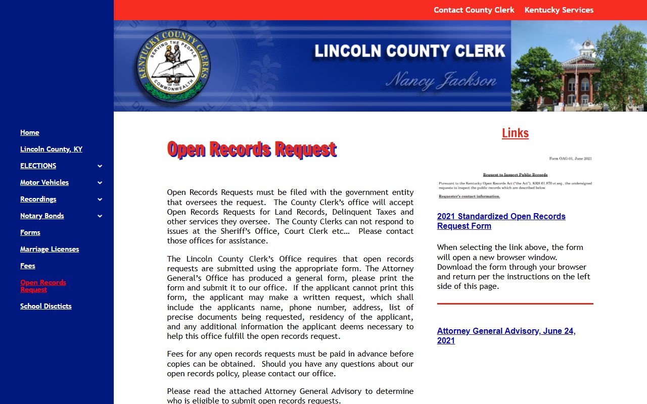 Lincoln County open records page showing County Clerk records are separate from court case records