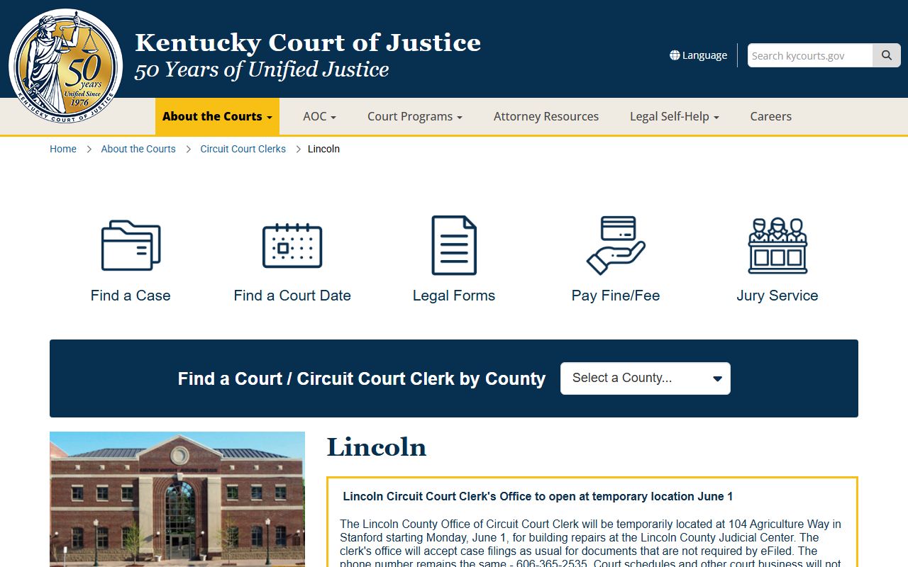 Lincoln County Circuit Court Clerk records on the Kentucky Court of Justice county page