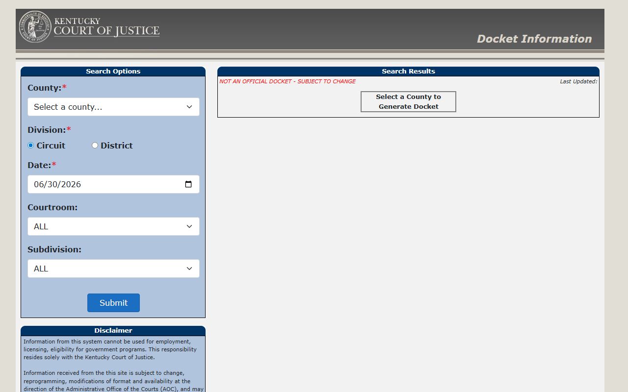 Lincoln County court dockets search form