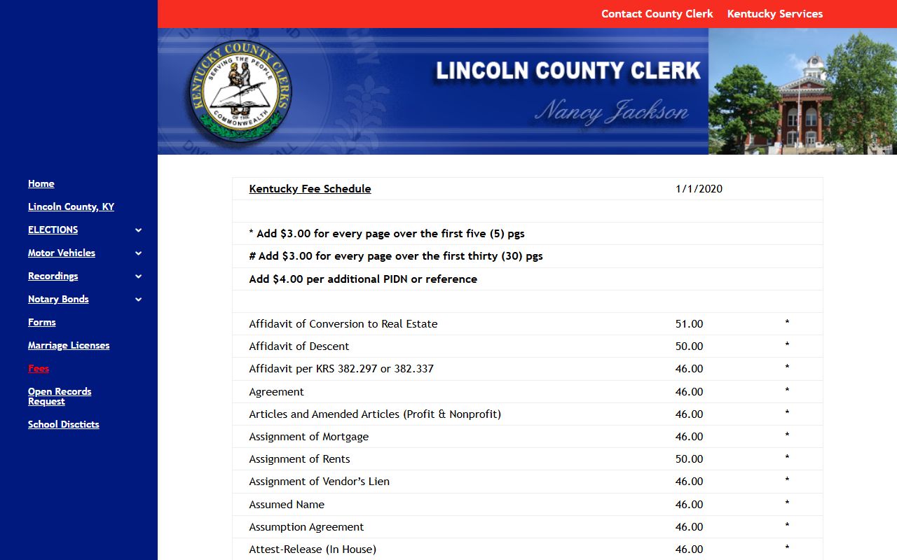 Lincoln County probate records recording fee schedule